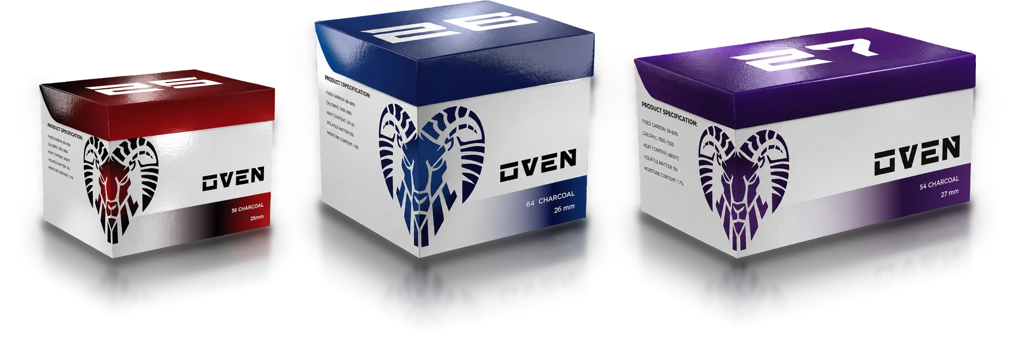 OVEN coconut charcoal retail boxes in 25, 26 and 27 mm